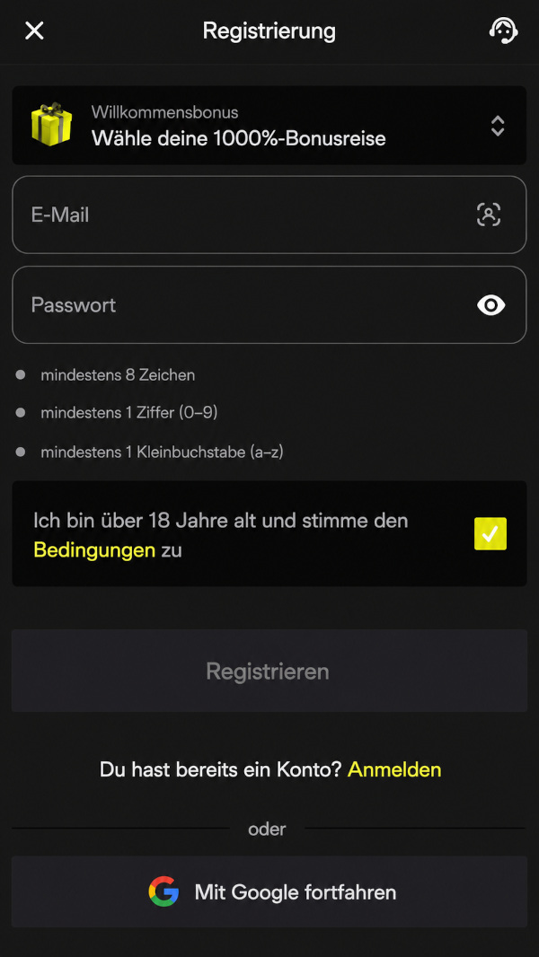 Registrierung eines neuen Kontos auf der Parimatch-Website