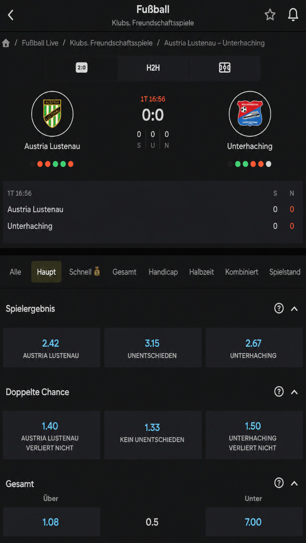 Sportwetten-Bereich der Website